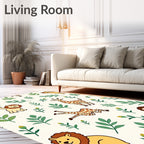 Whimsical Safari Animals with Green Leaves Rug