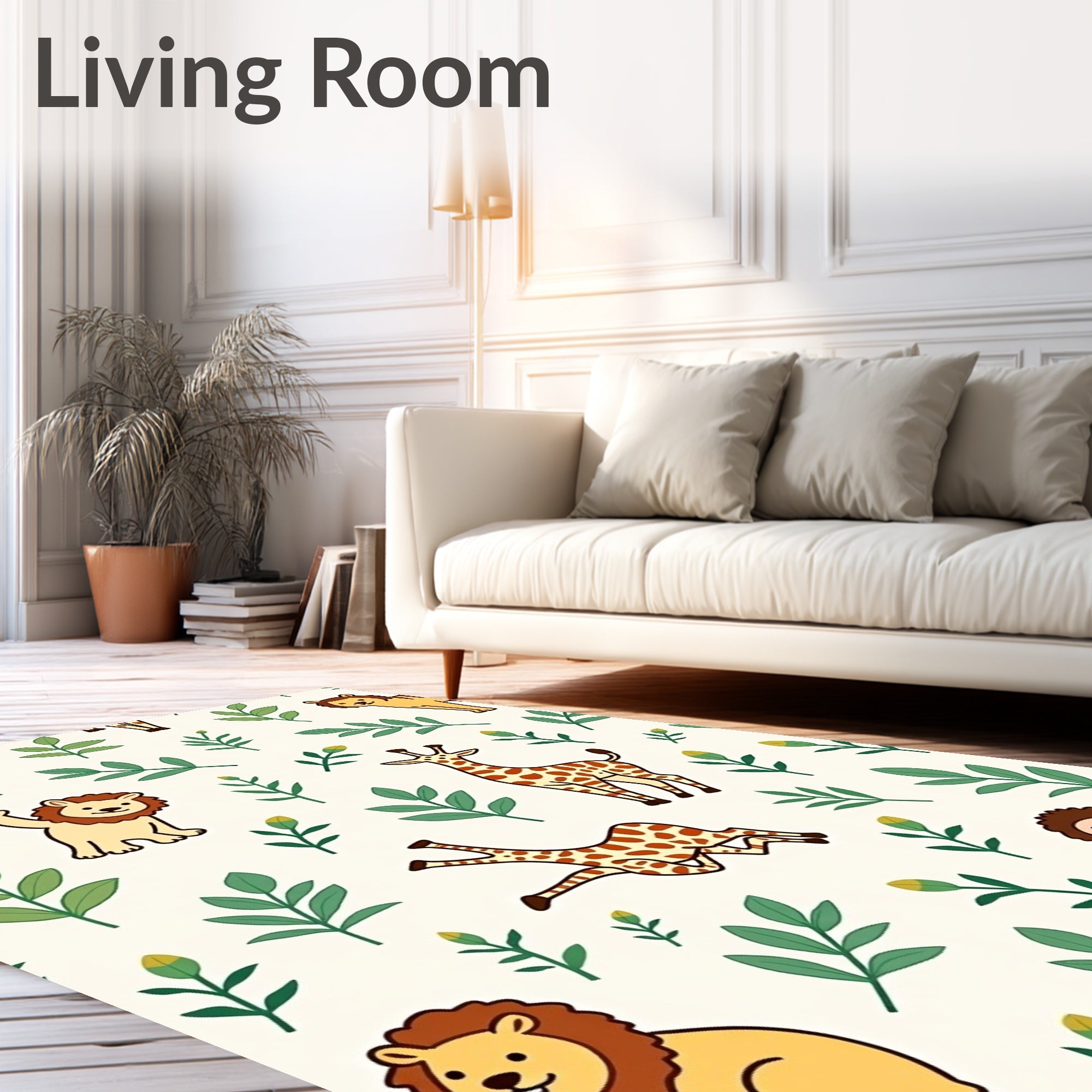 Whimsical Safari Animals with Green Leaves Rug