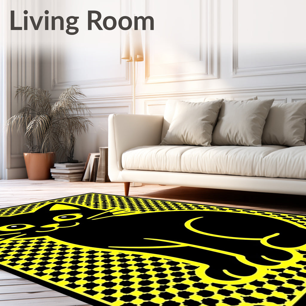 Black Cat Yellow Checkerboard Pop Art Rug