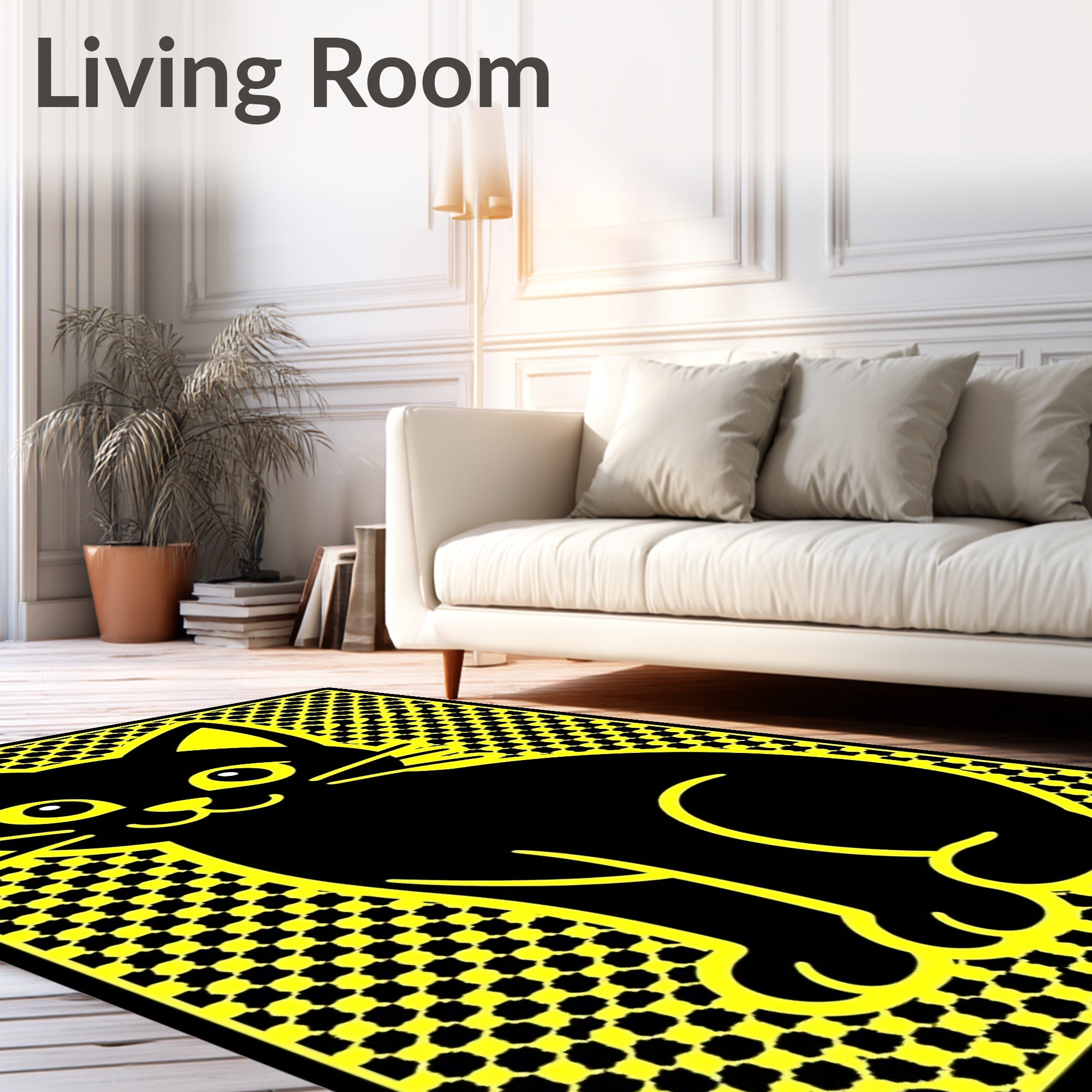 Black Cat Yellow Checkerboard Pop Art Rug