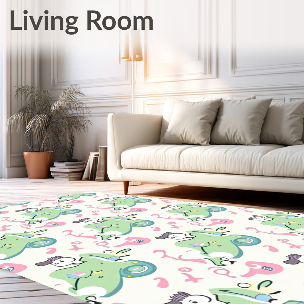 Whimsical Green Creature Pink Swirls Rug