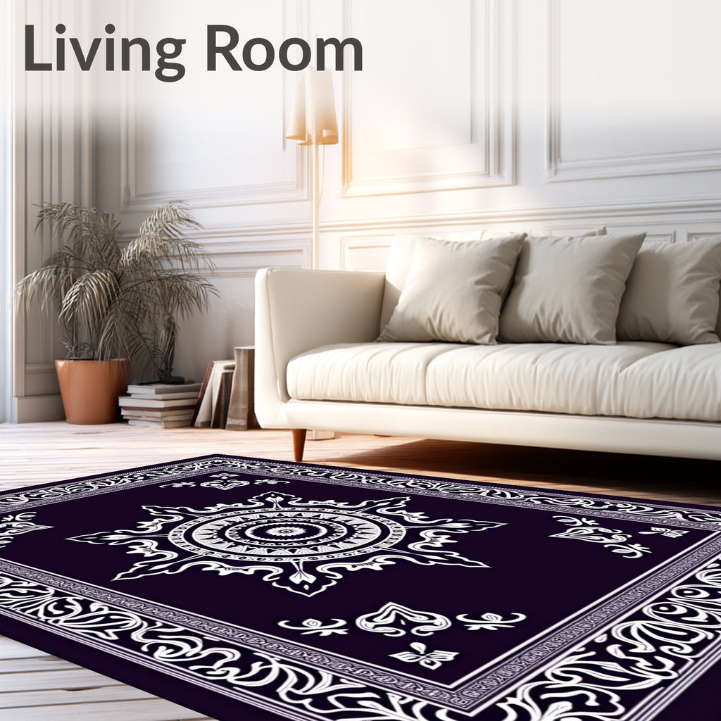 Deep Indigo White Floral Mandala Border Rug