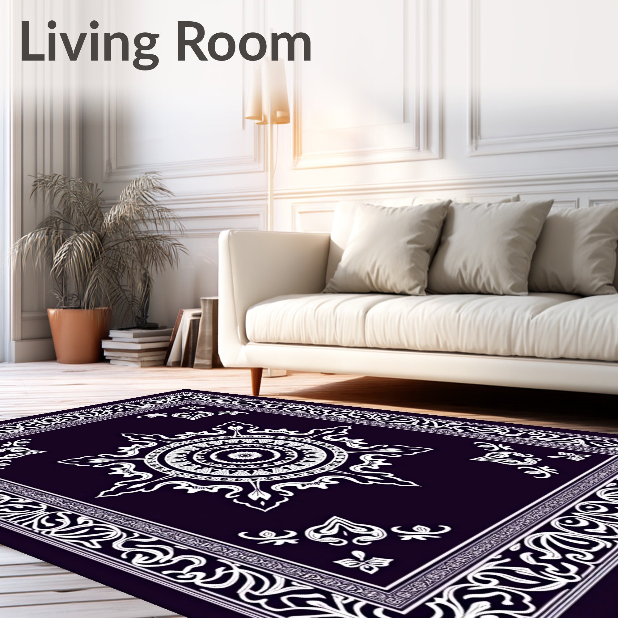 Deep Indigo White Floral Mandala Border Rug