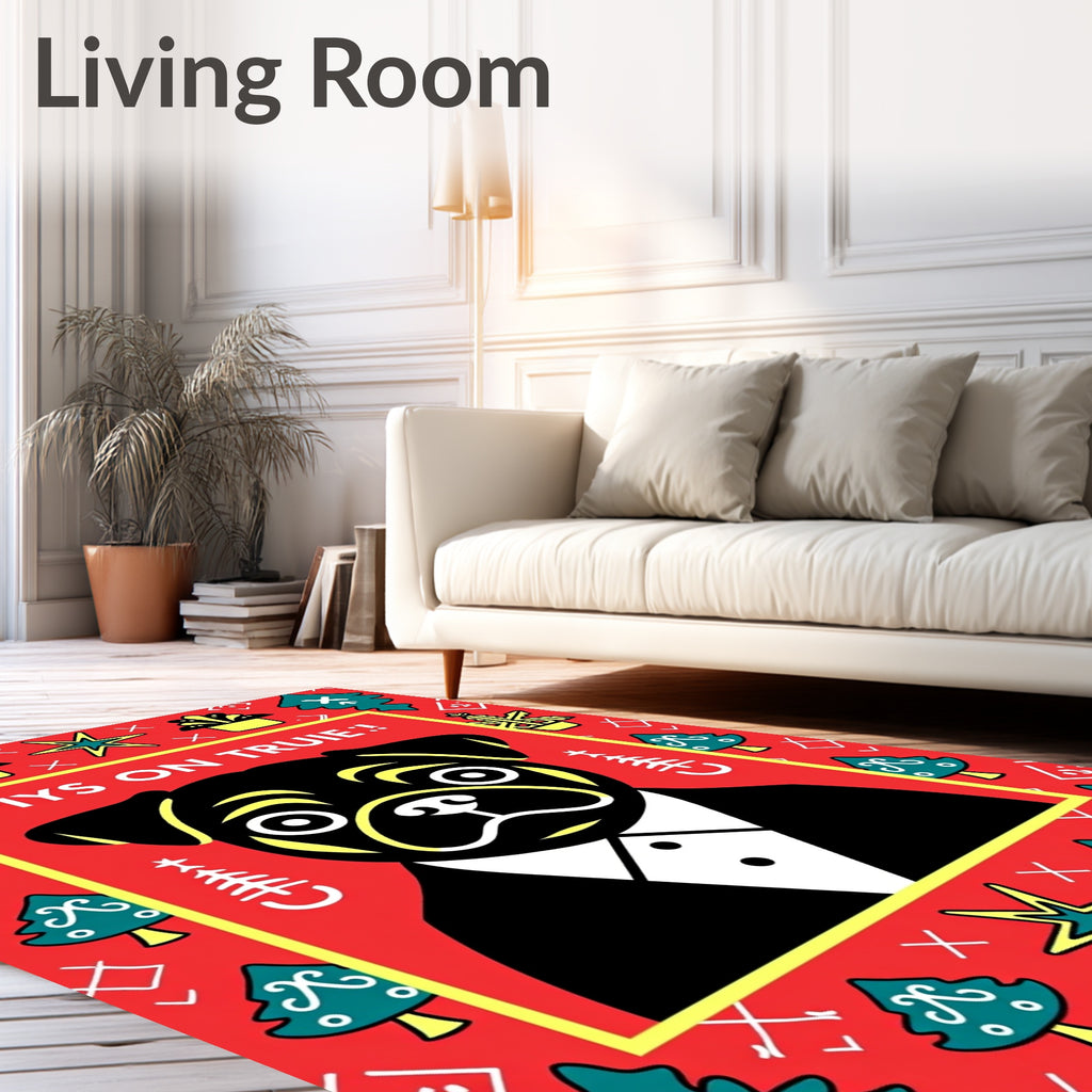 Festive Red Pug Tuxedo Holiday Trees Rug