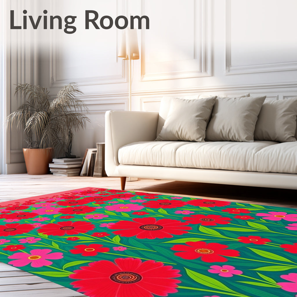 Vibrant Red Pink Floral Field Rug