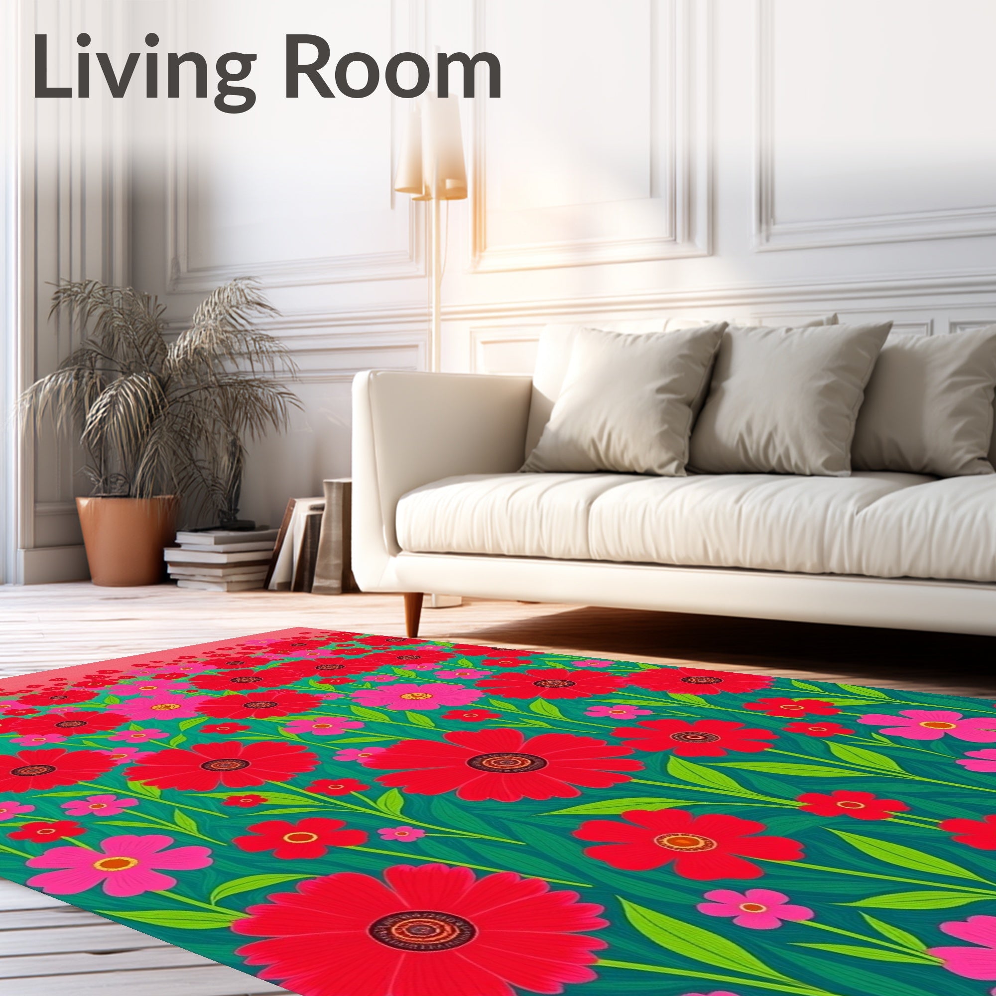 Vibrant Red Pink Floral Field Rug