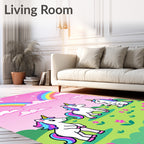 Whimsical Unicorns Under Rainbow Sky Rug