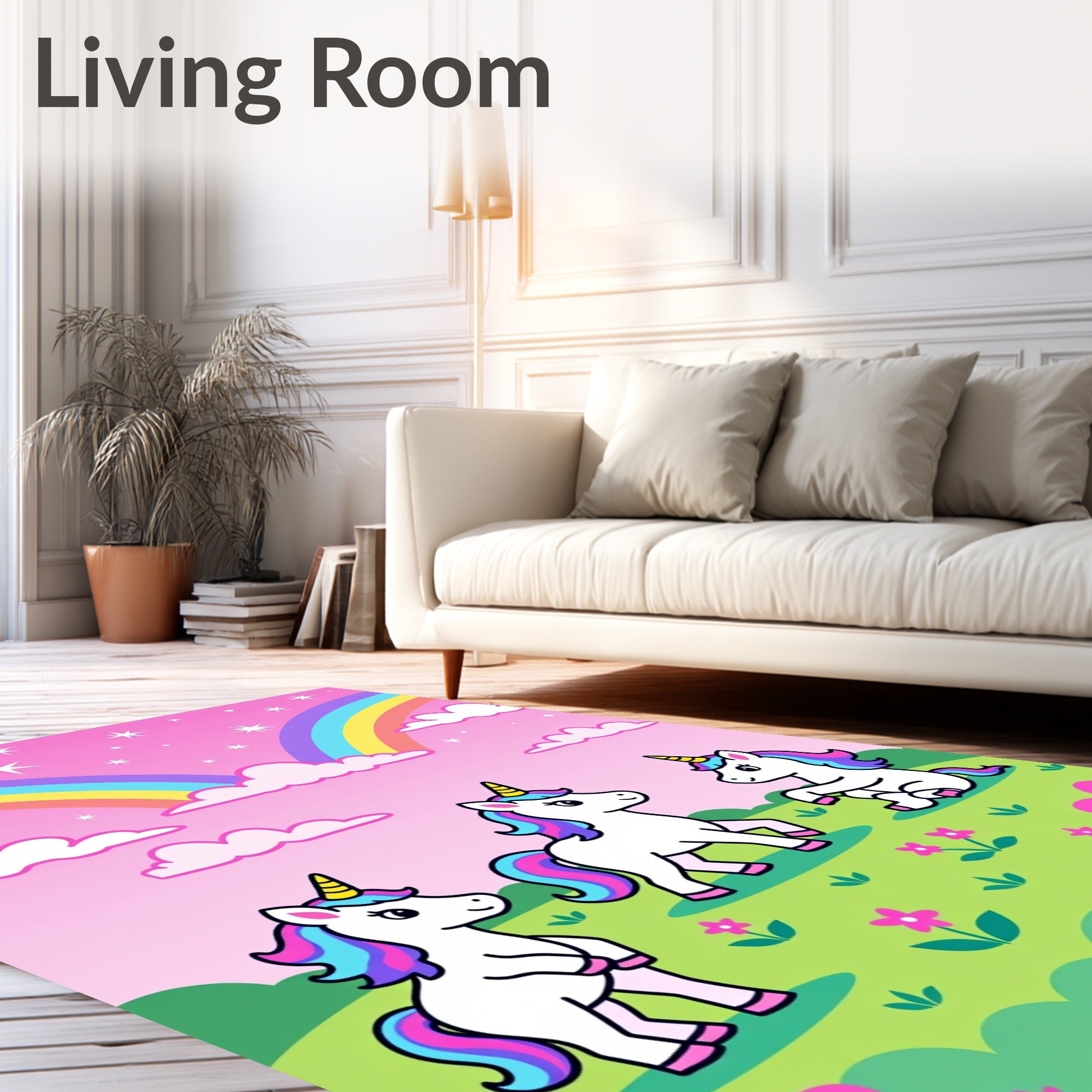 Whimsical Unicorns Under Rainbow Sky Rug
