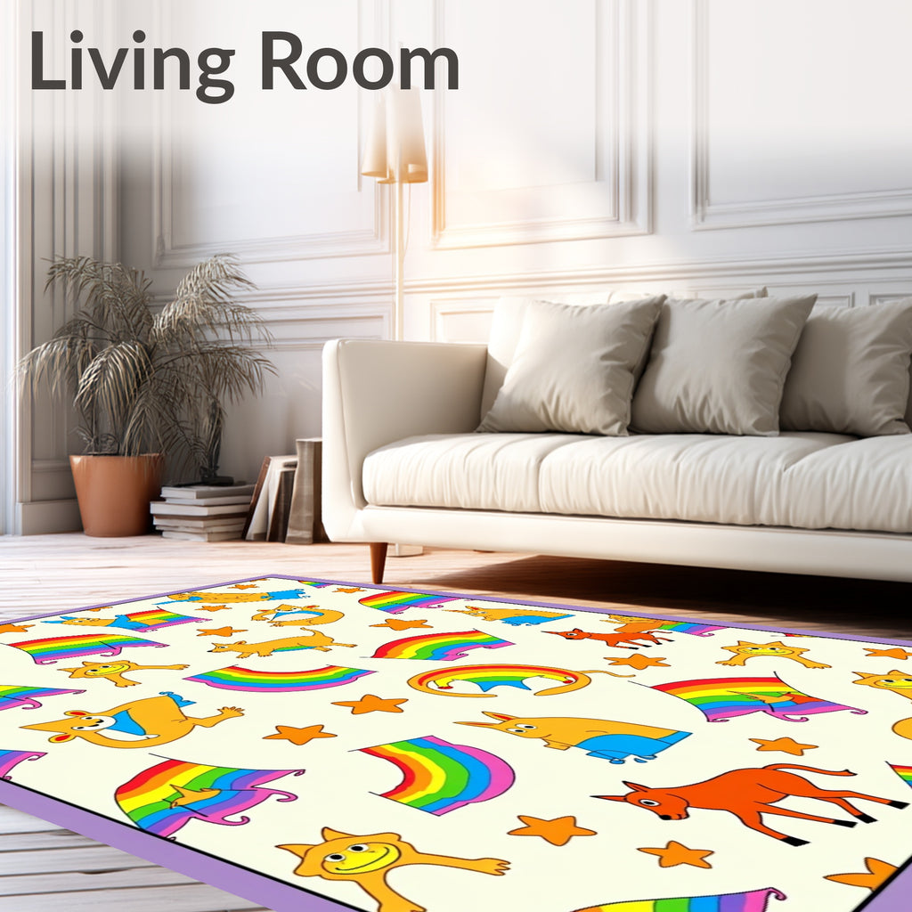 Whimsical Rainbow Creatures Starry Cream Rug