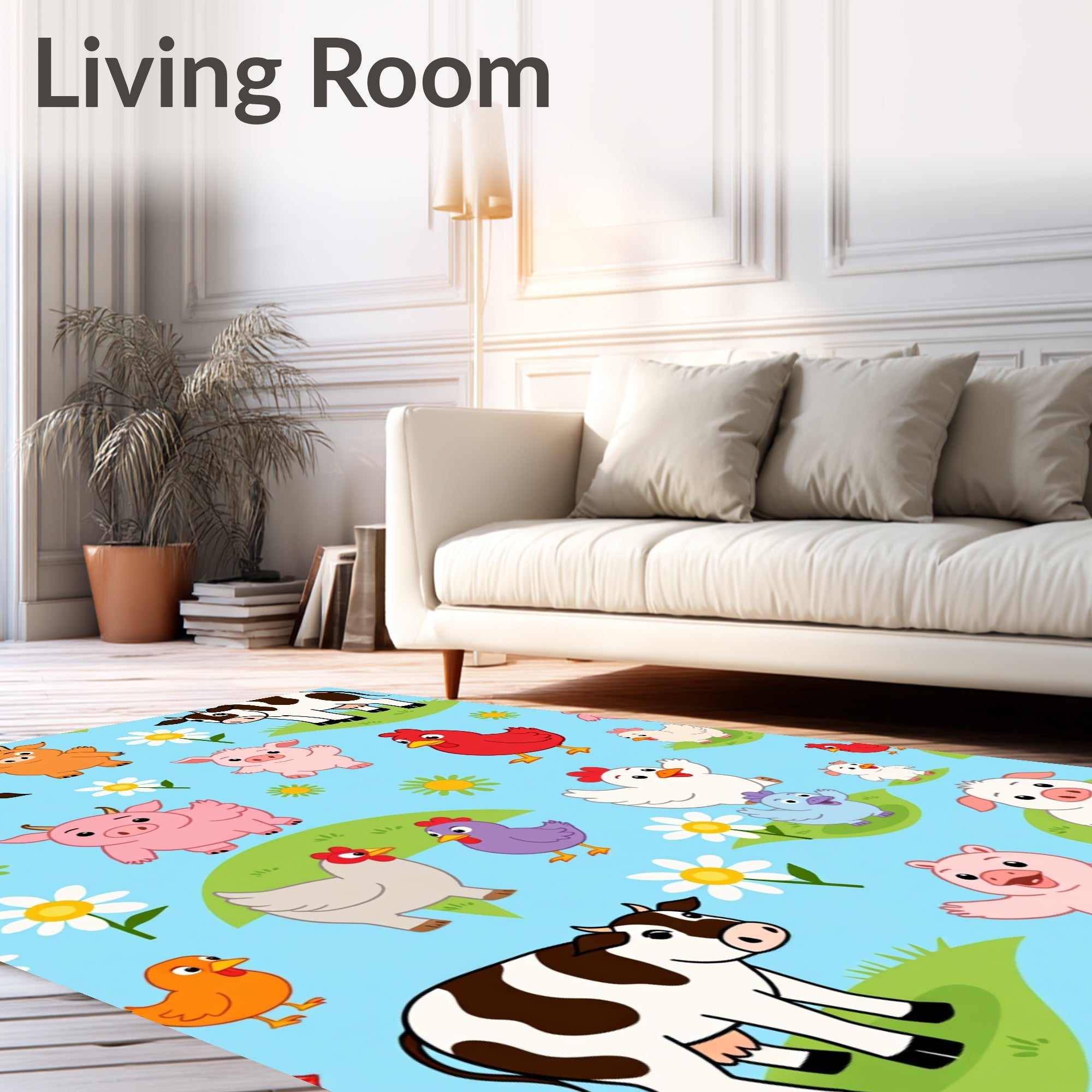Farm Animals With Flowers On Blue Rug