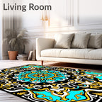 Vibrant Black Turquoise Gold Medallion Rug
