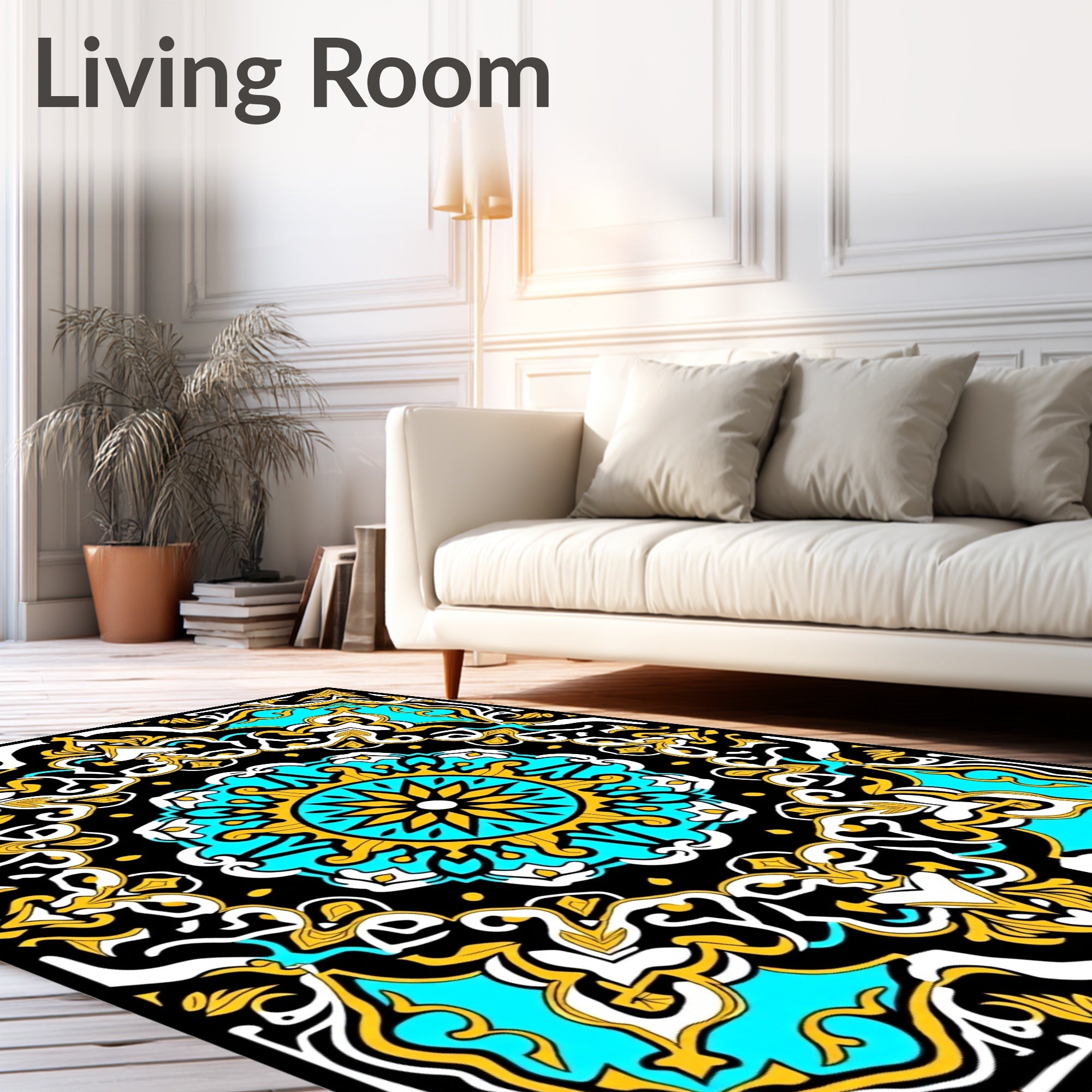 Vibrant Black Turquoise Gold Medallion Rug
