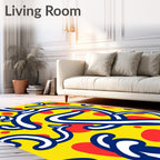 Bold Blue White Swirl Yellow Red Dots Rug