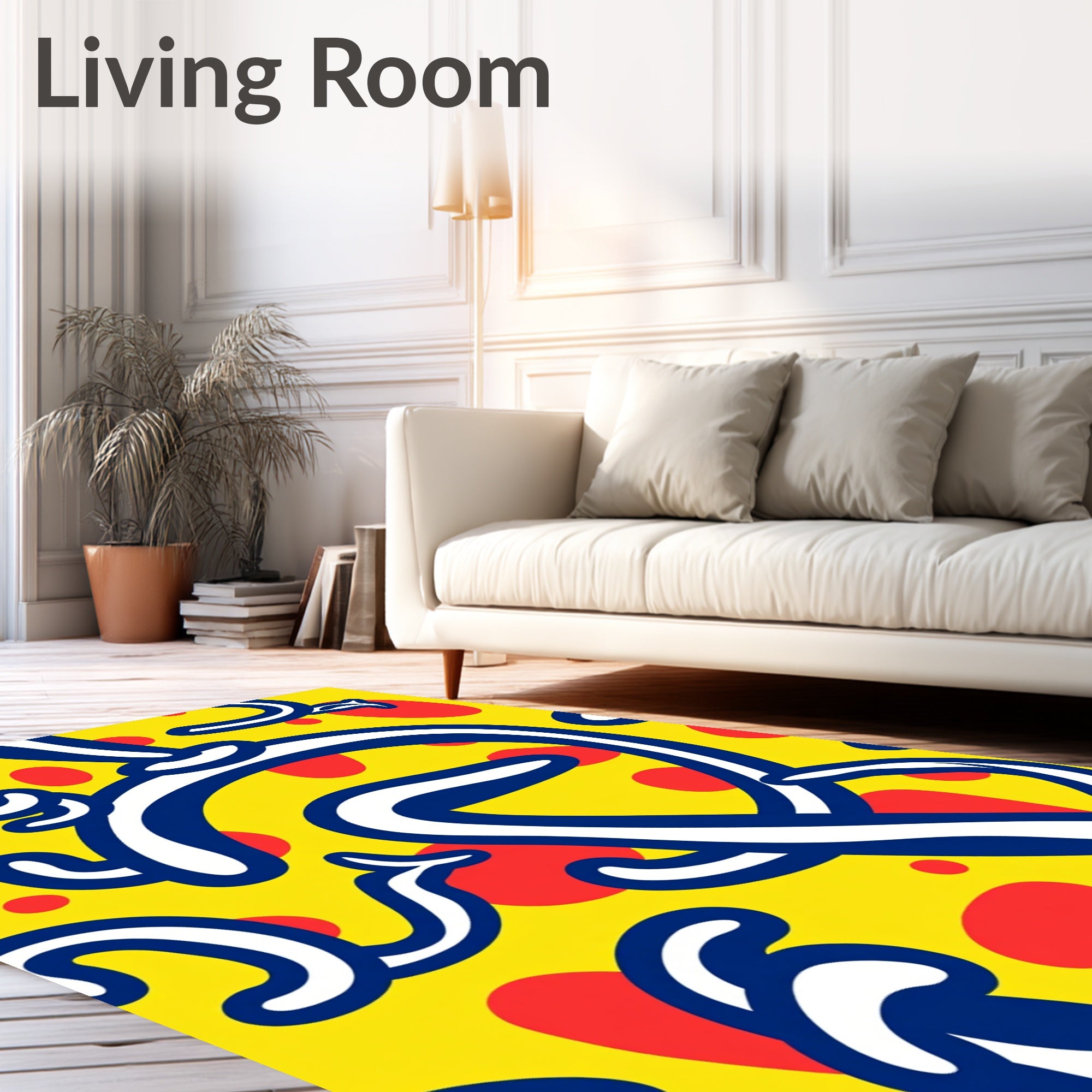 Bold Blue White Swirl Yellow Red Dots Rug