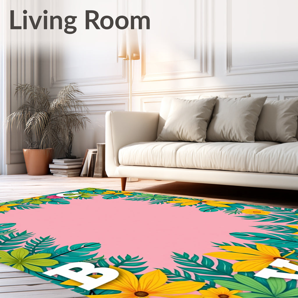 Tropical Yellow Floral Leafy Border Rug