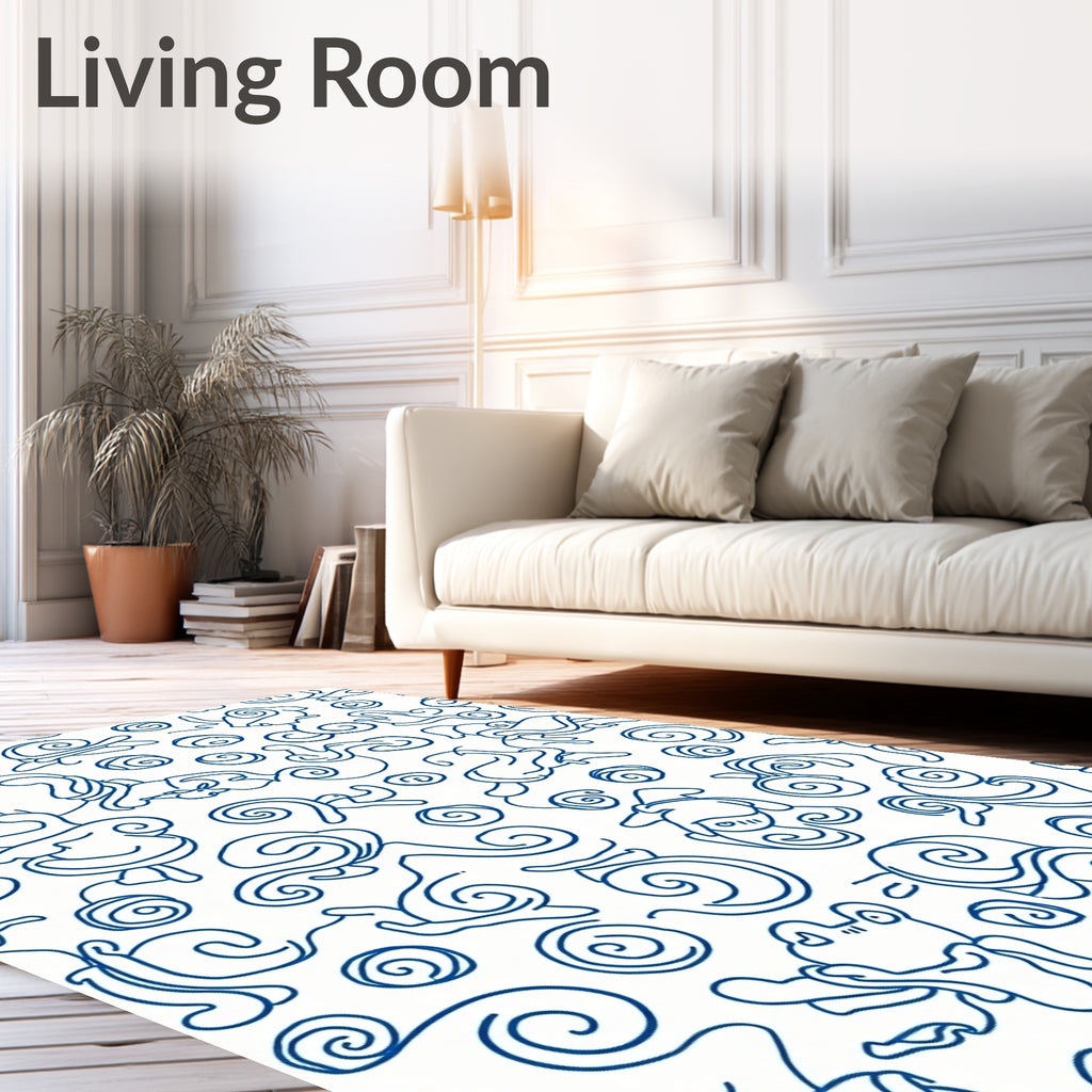 Whimsical Blue Snail Swirl Line Art Rug
