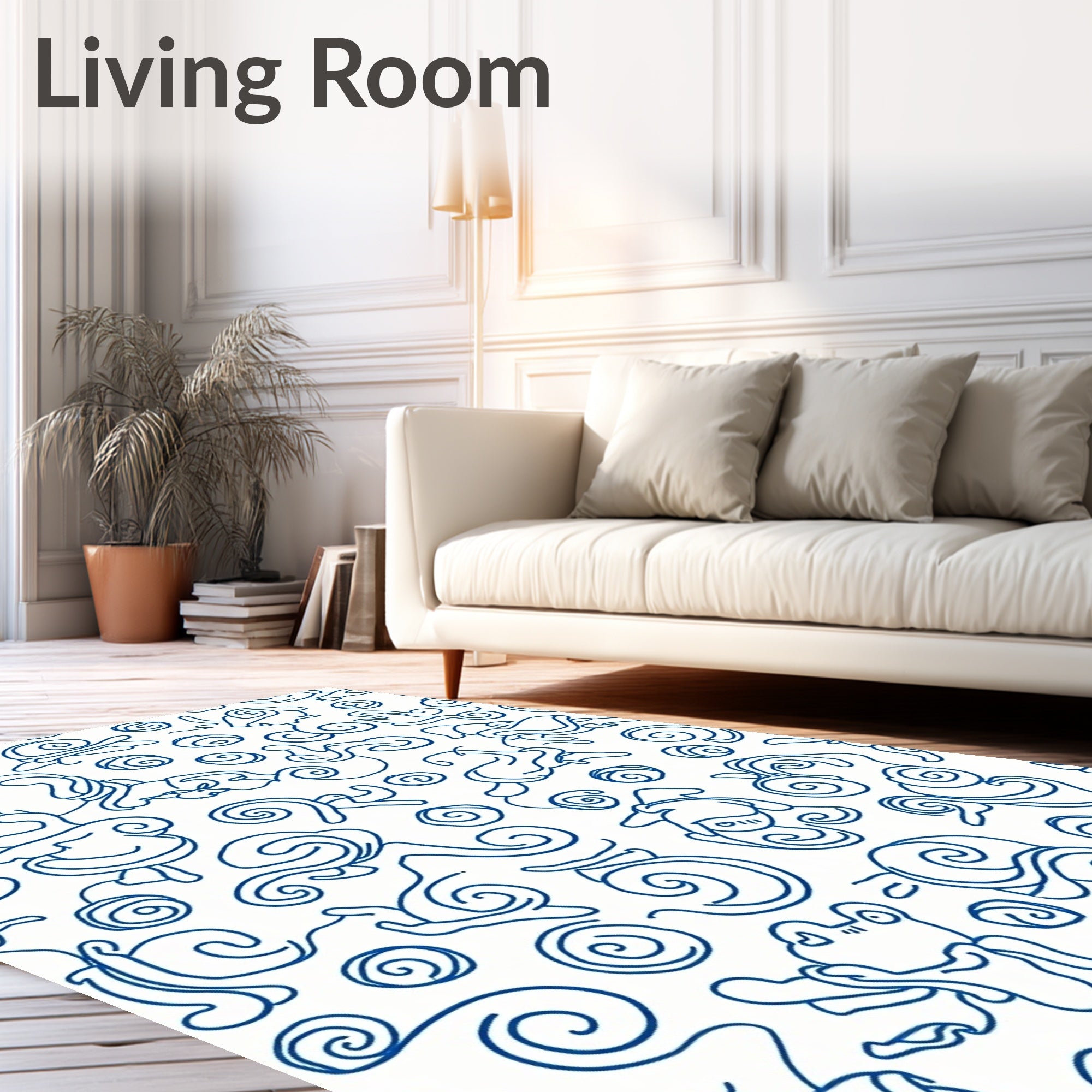 Whimsical Blue Snail Swirl Line Art Rug