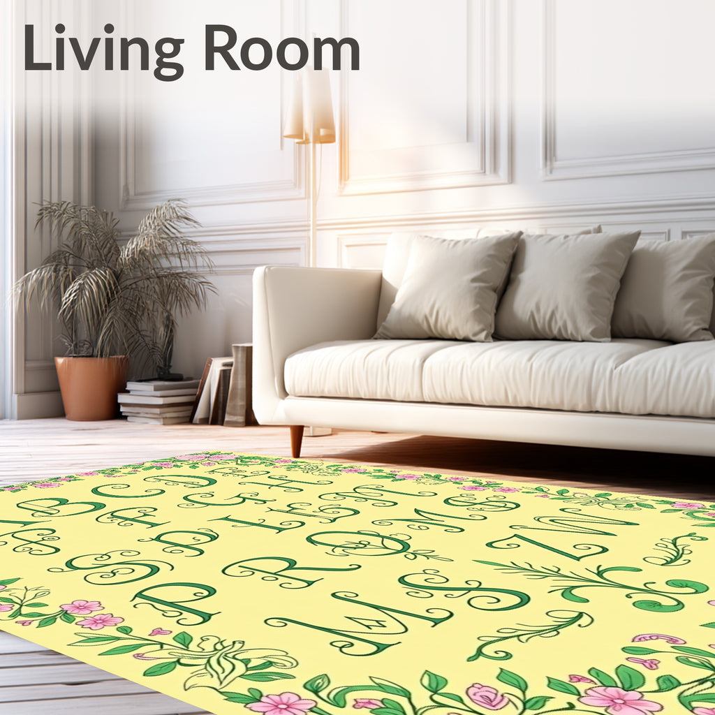 Green Floral Alphabet Border Accent Rug