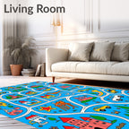 Whimsical Blue Town Scene Cars Castles Rug