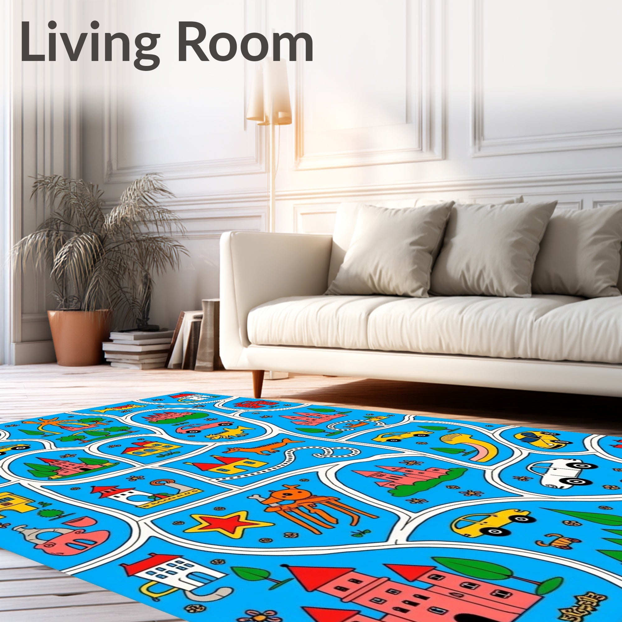 Whimsical Blue Town Scene Cars Castles Rug