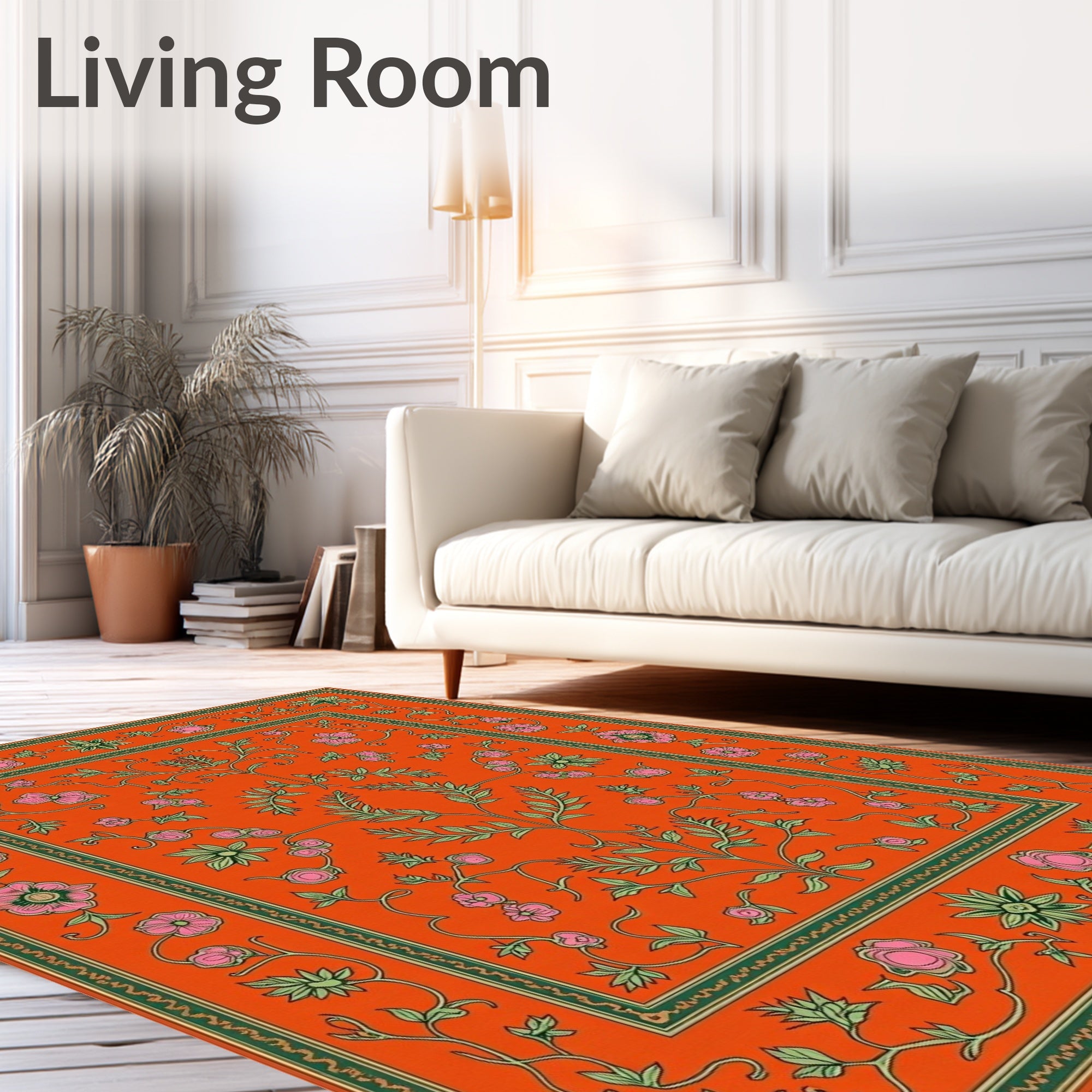 Vibrant Orange Floral Vine Medallion Rug