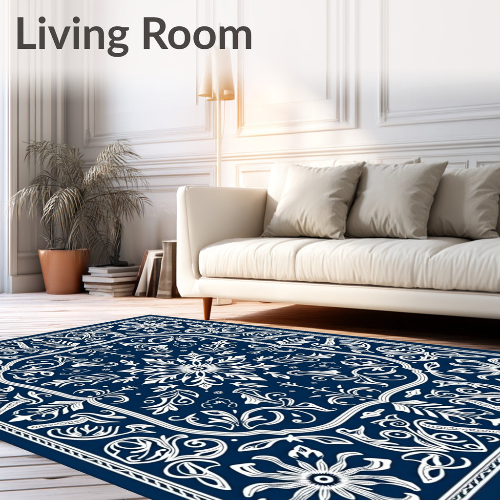 Deep Blue White Intricate Floral Medallion Rug