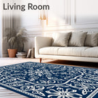 Deep Blue White Intricate Floral Medallion Rug