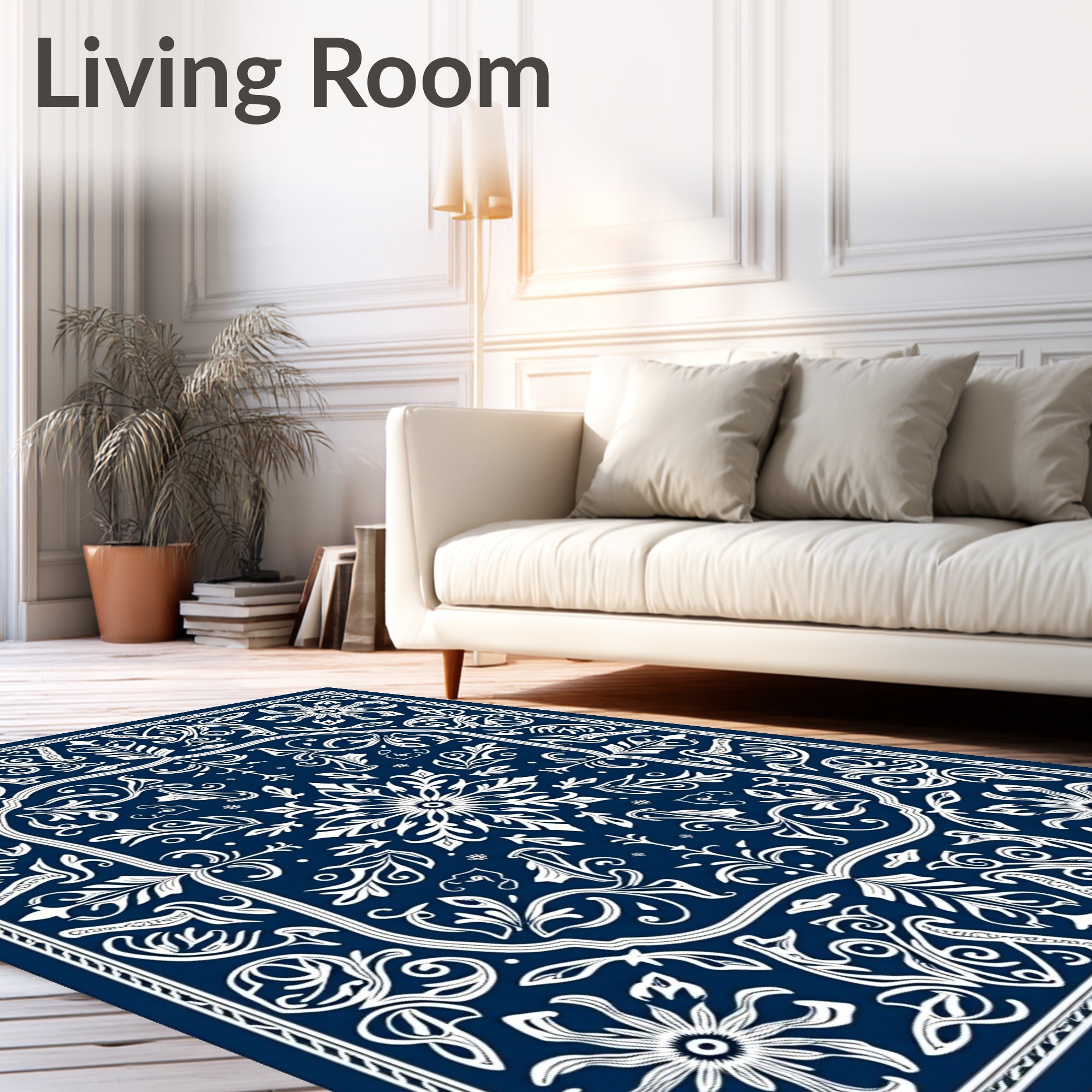 Deep Blue White Intricate Floral Medallion Rug