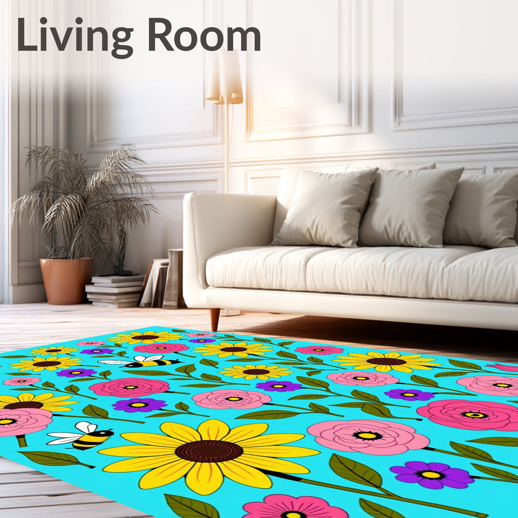 Whimsical Yellow Bee Floral Meadow Rug