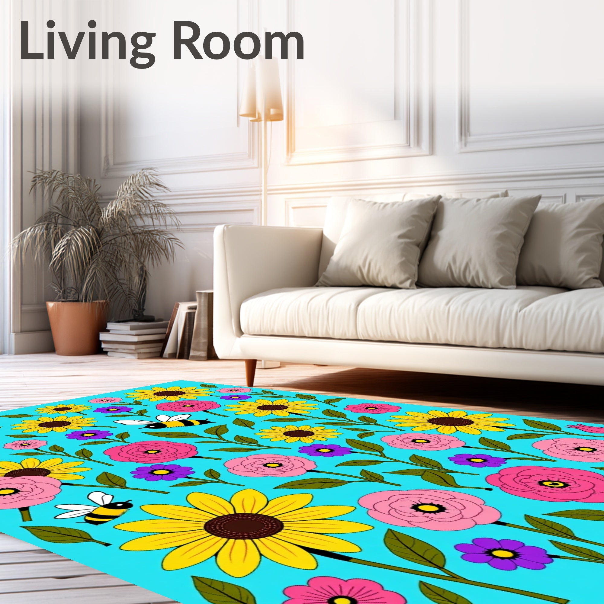 Whimsical Yellow Bee Floral Meadow Rug