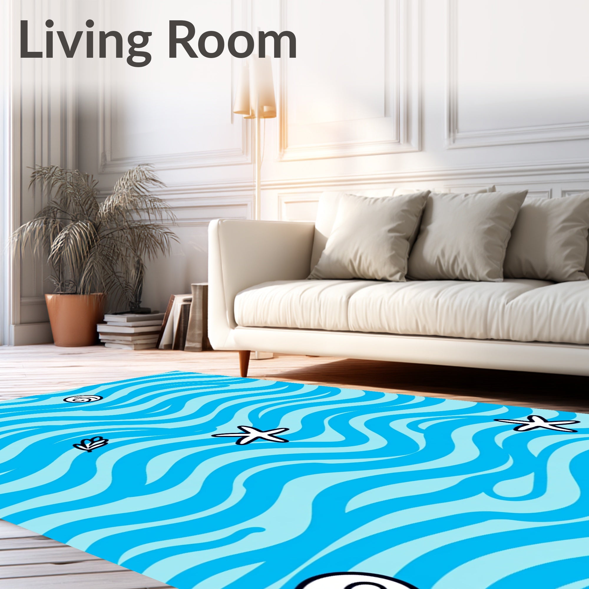 Ocean Blue Wavy Starfish Seashell Rug