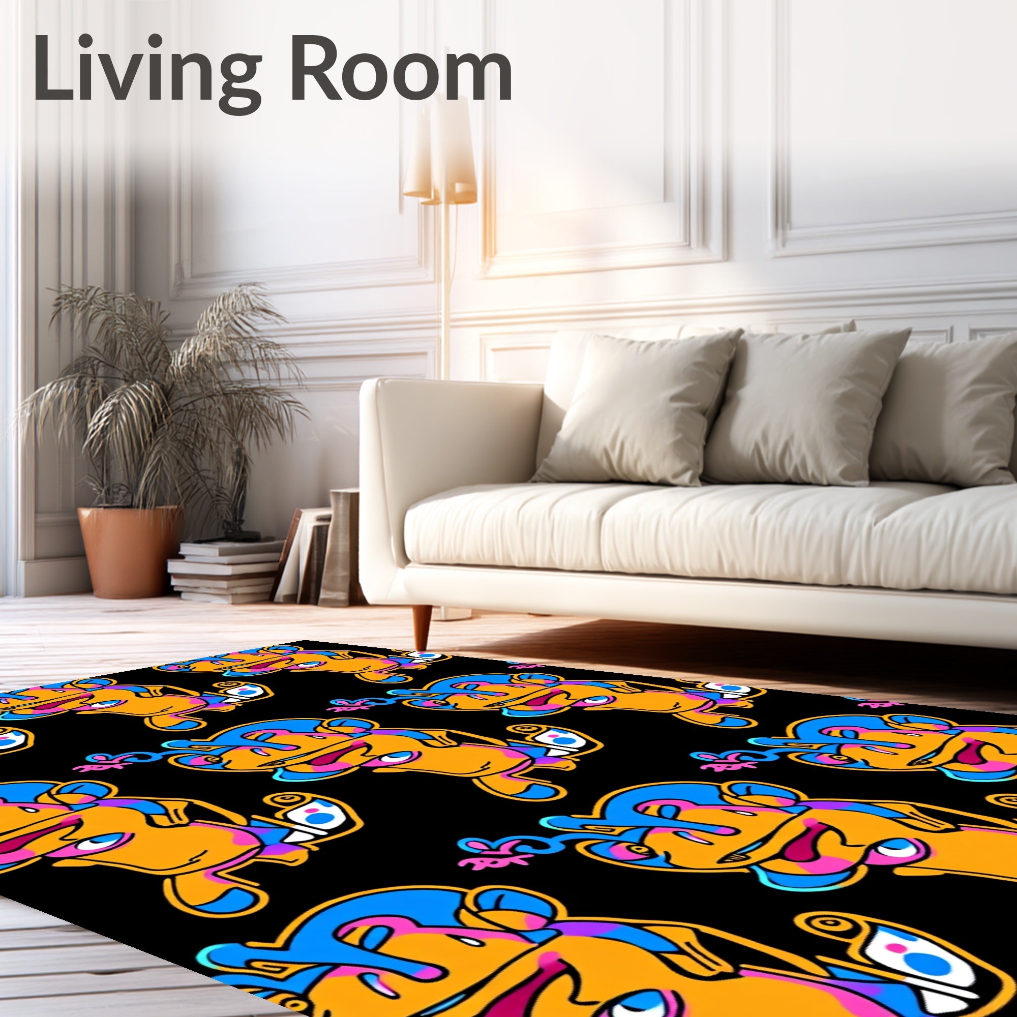 Groovy Orange Blue Pink Character Collage Rug