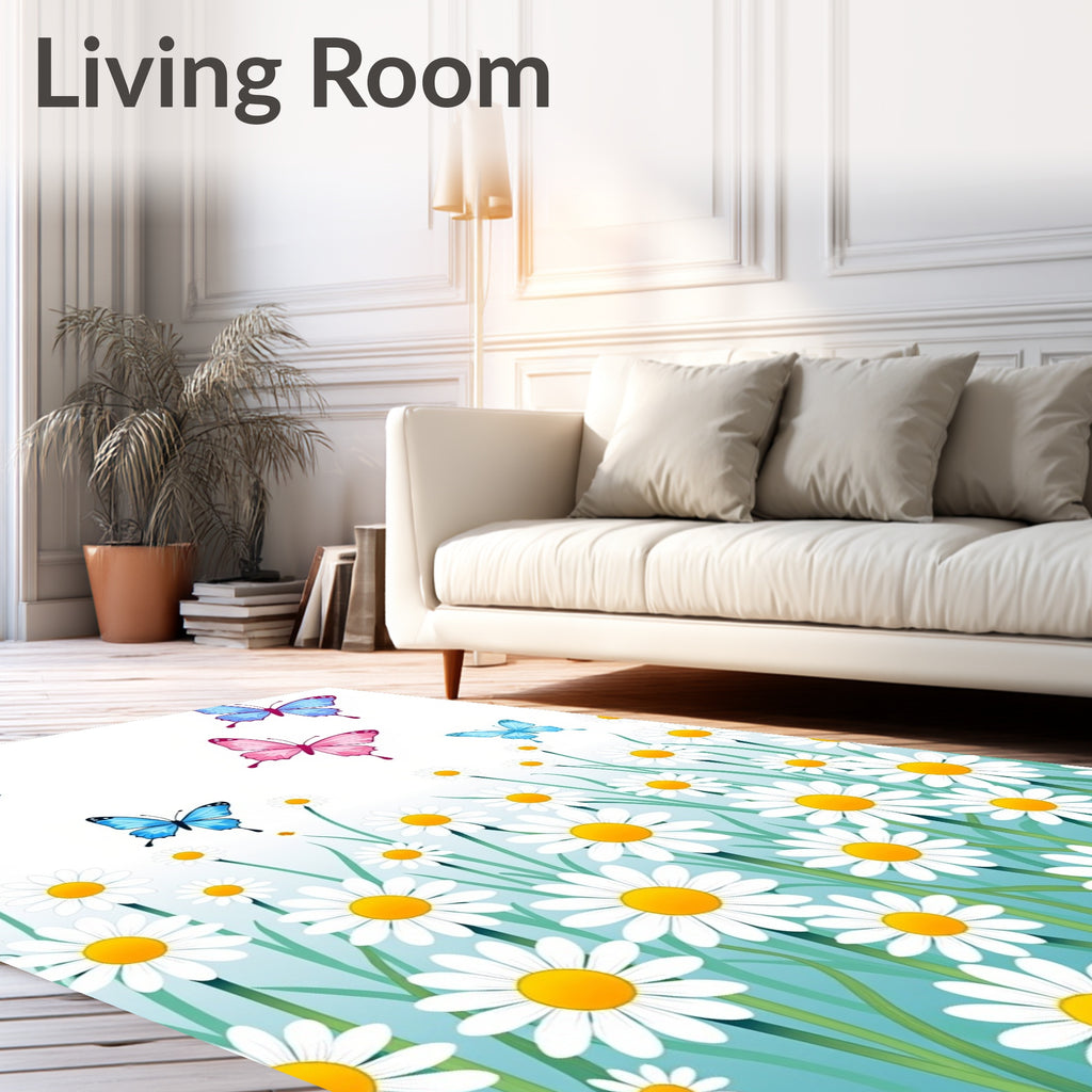 Whimsical Butterflies Daisy Meadow Scene Rug