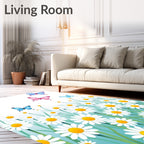 Whimsical Butterflies Daisy Meadow Scene Rug