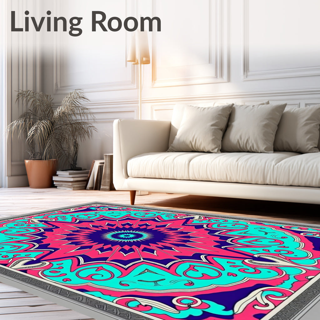 Vibrant Teal Pink Starburst Mandala Rug