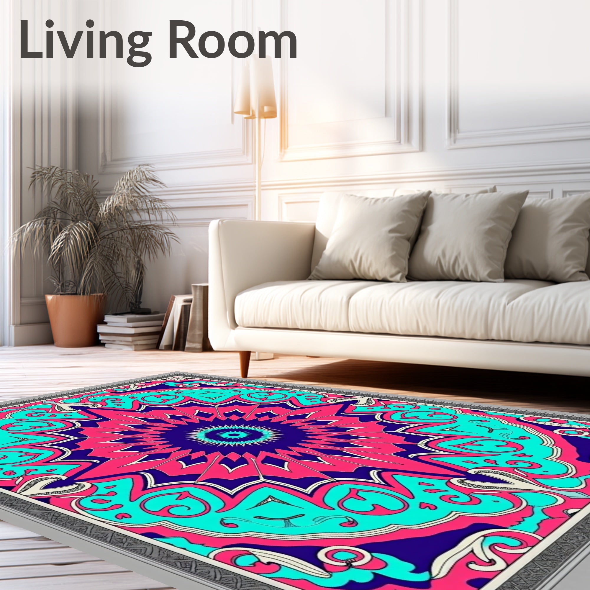 Vibrant Teal Pink Starburst Mandala Rug