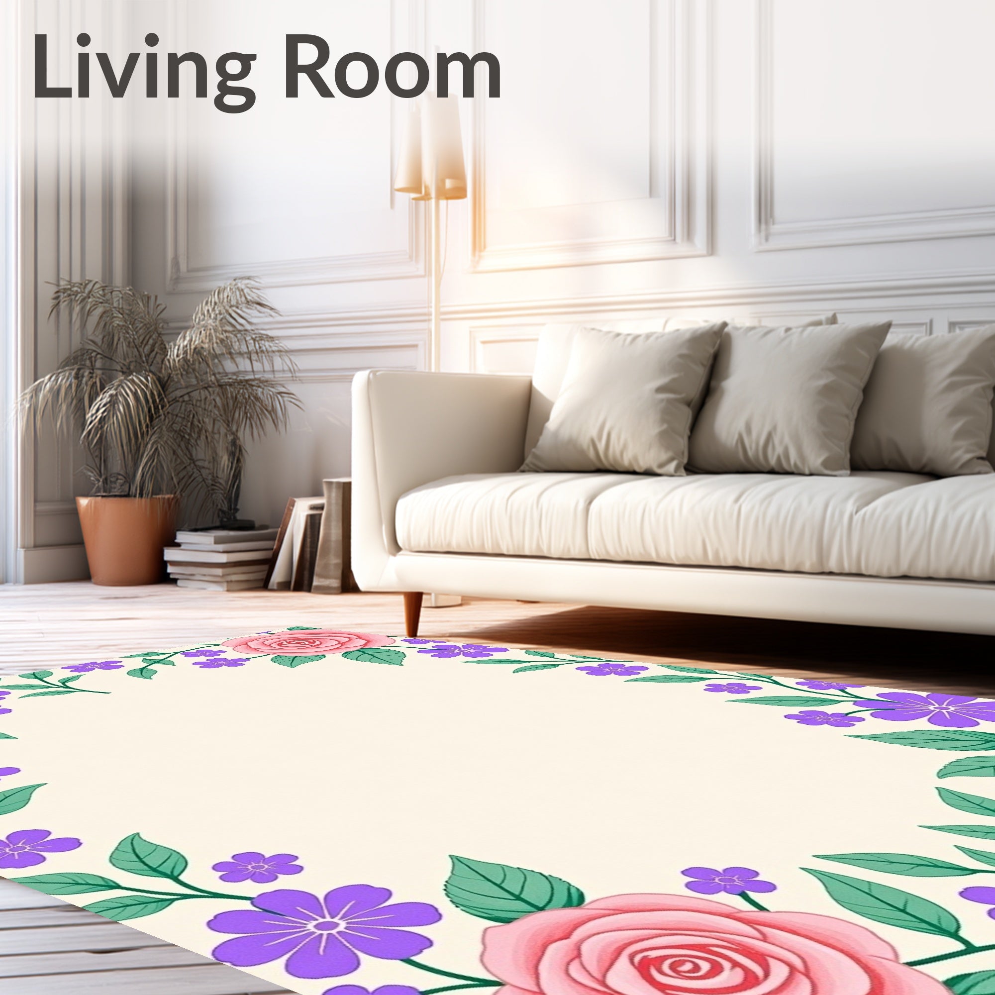 Pink Roses Purple Blossoms Floral Border Rug