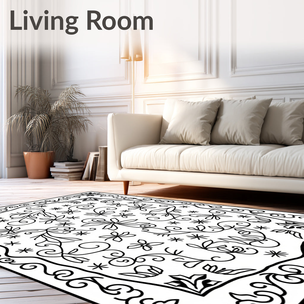 Black White Botanical Scrollwork Floral Rug
