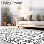 Black White Botanical Scrollwork Floral Rug