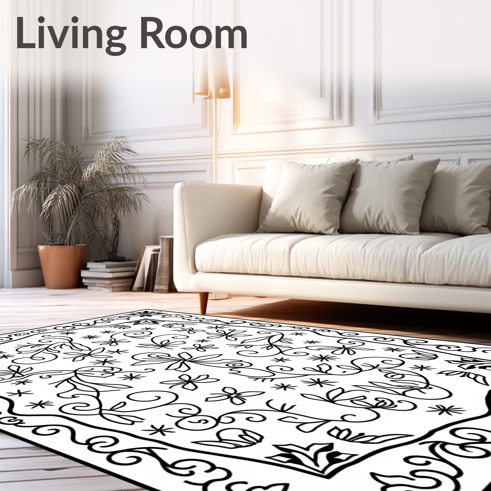 Black White Botanical Scrollwork Floral Rug