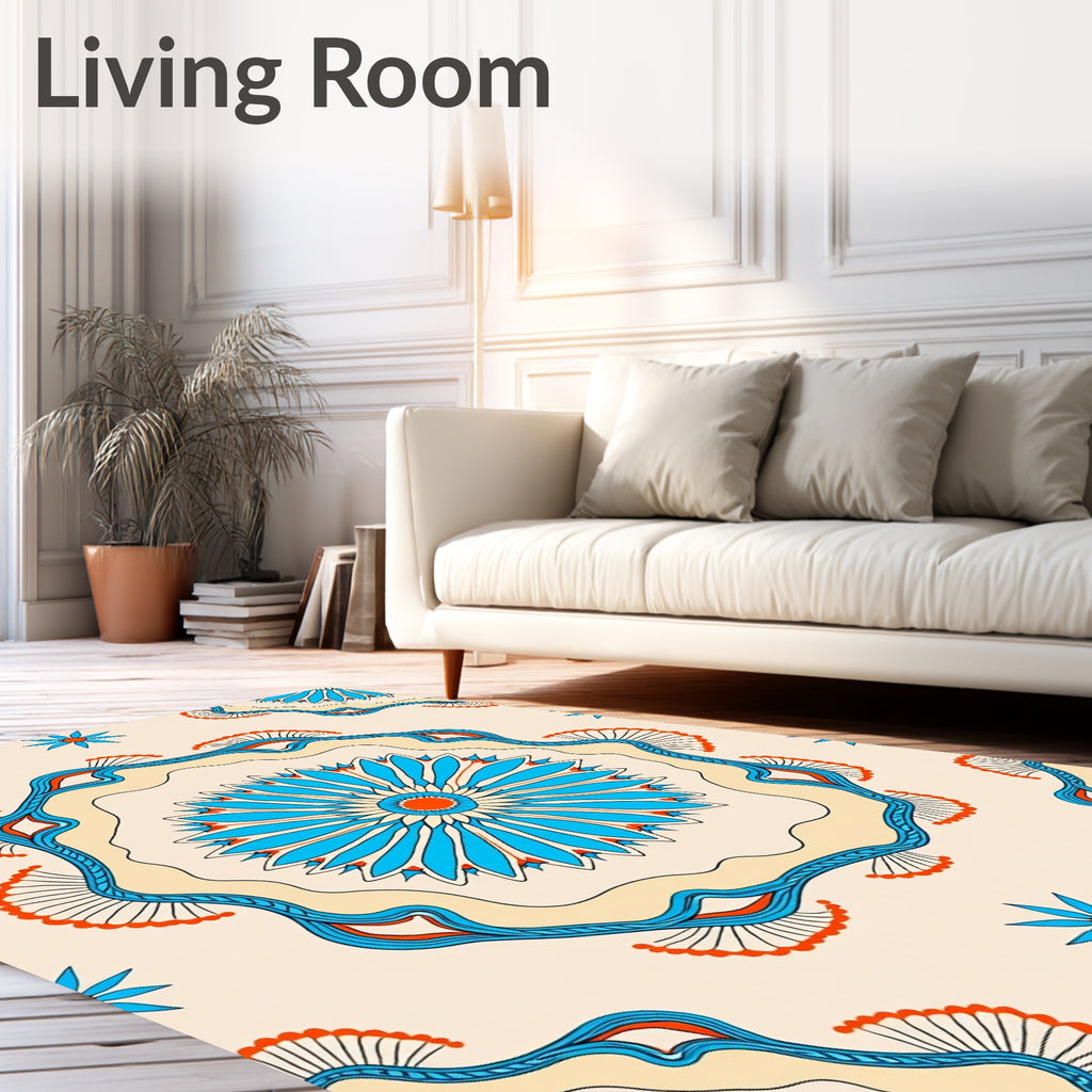 Vibrant Teal Orange Medallion Motif Rug