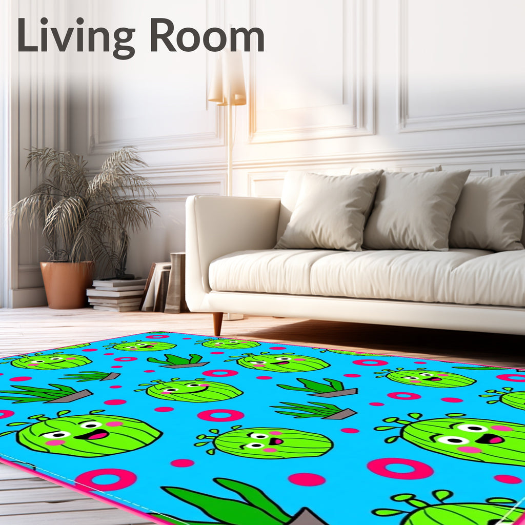 Cute Green Cactus Characters Pink Circles Rug