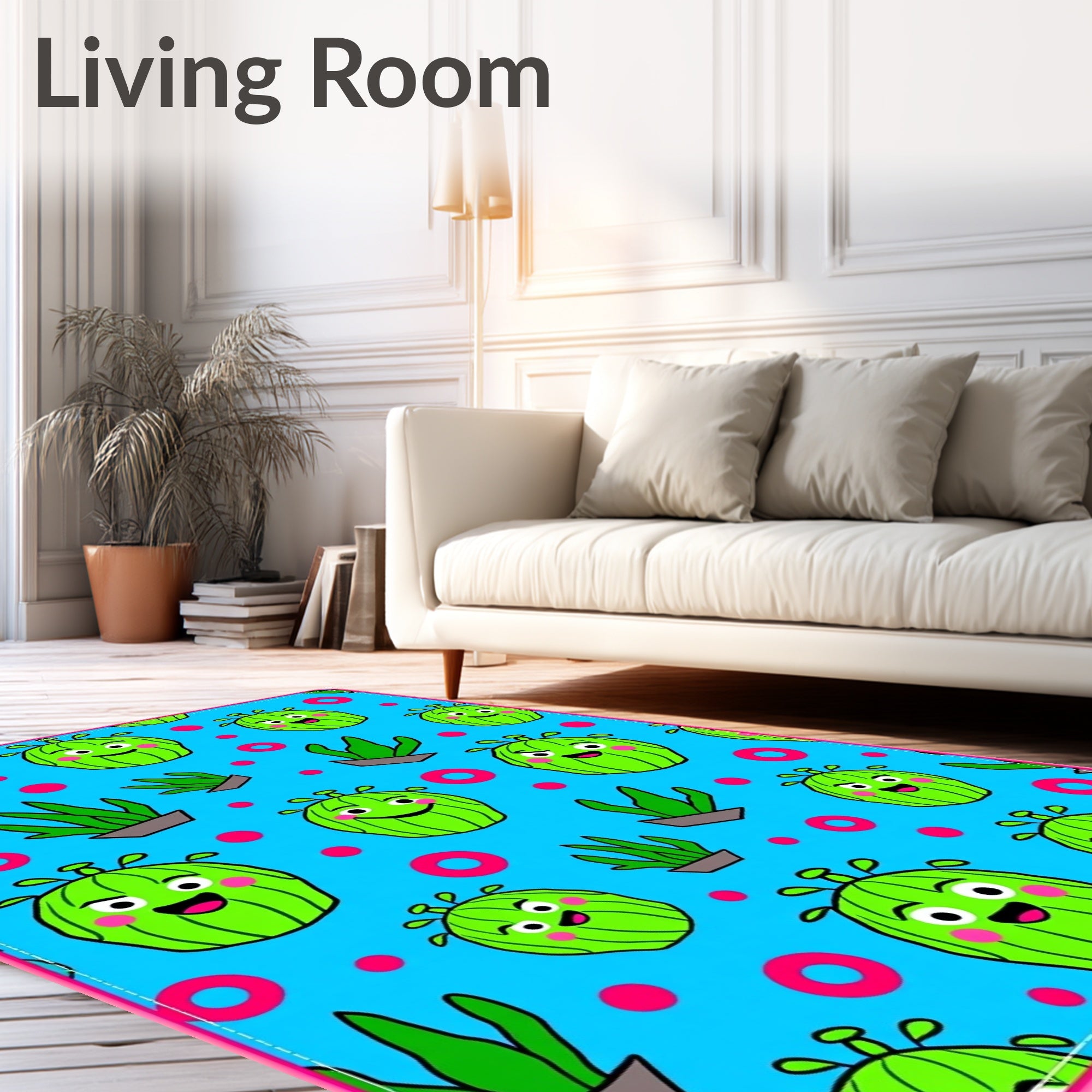 Cute Green Cactus Characters Pink Circles Rug