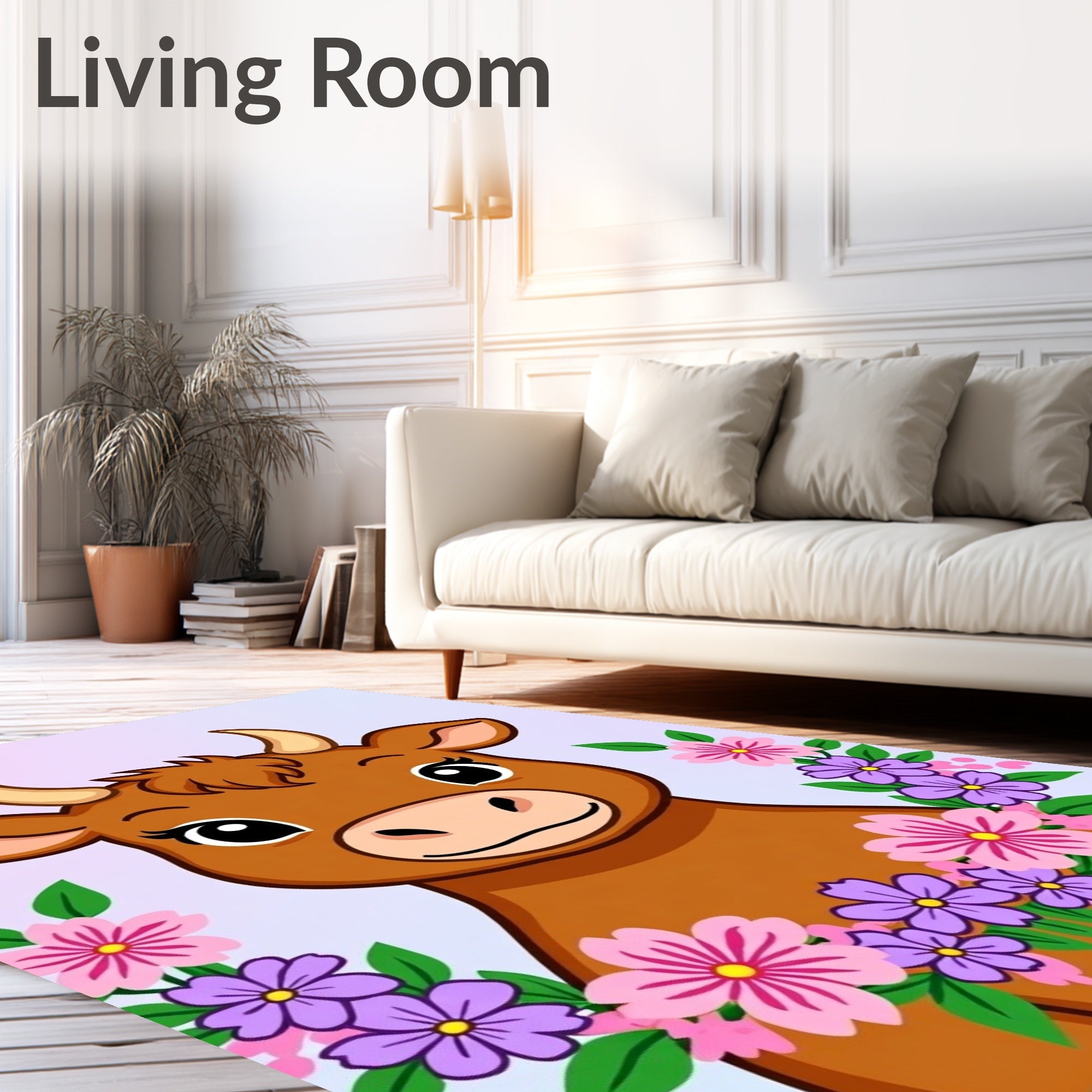 Brown Cow With Floral Garland Accents Rug