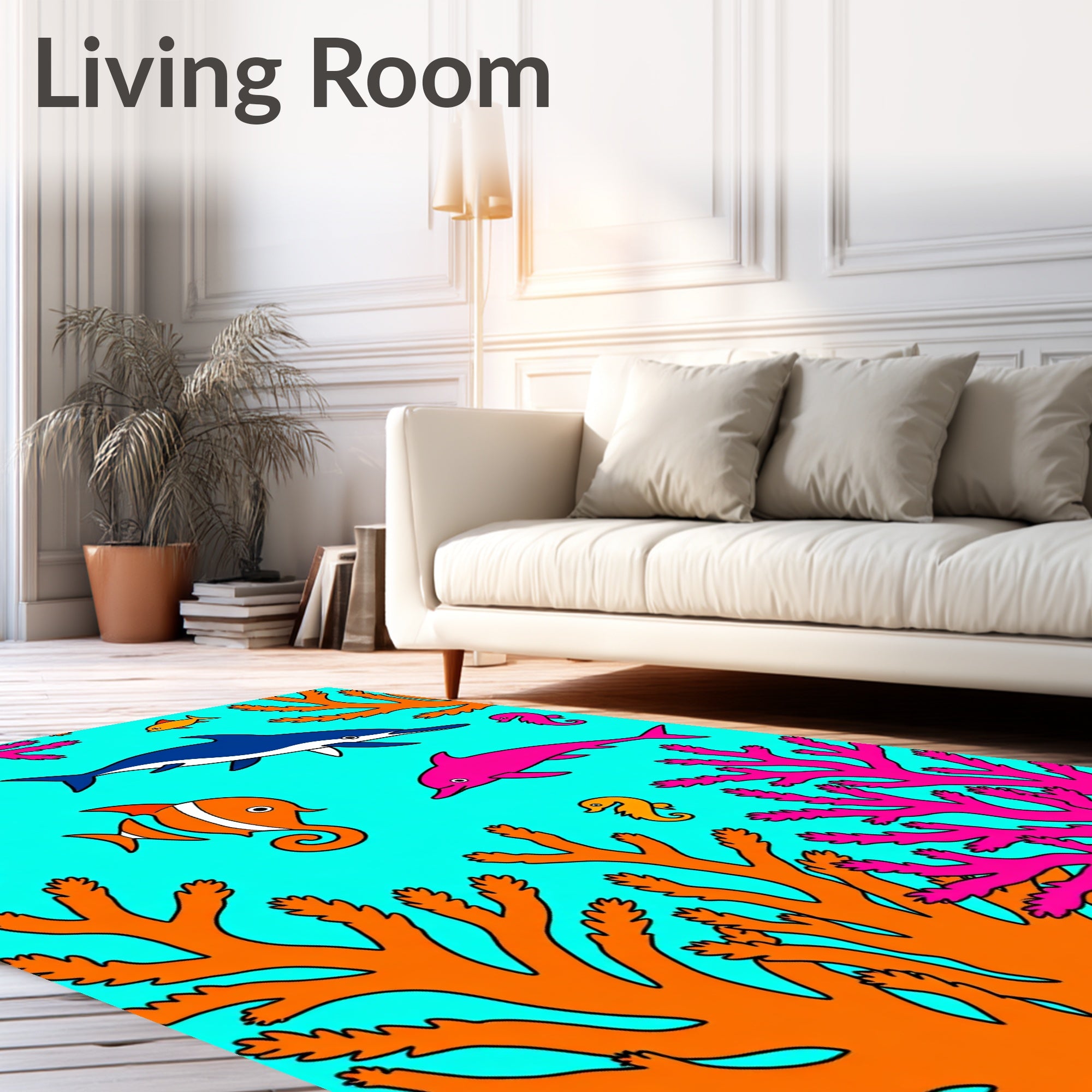 Bright Aqua Coral Seascape Dolphins Seahorses Rug