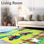Red Tractors Working Green Farm Hills Rug