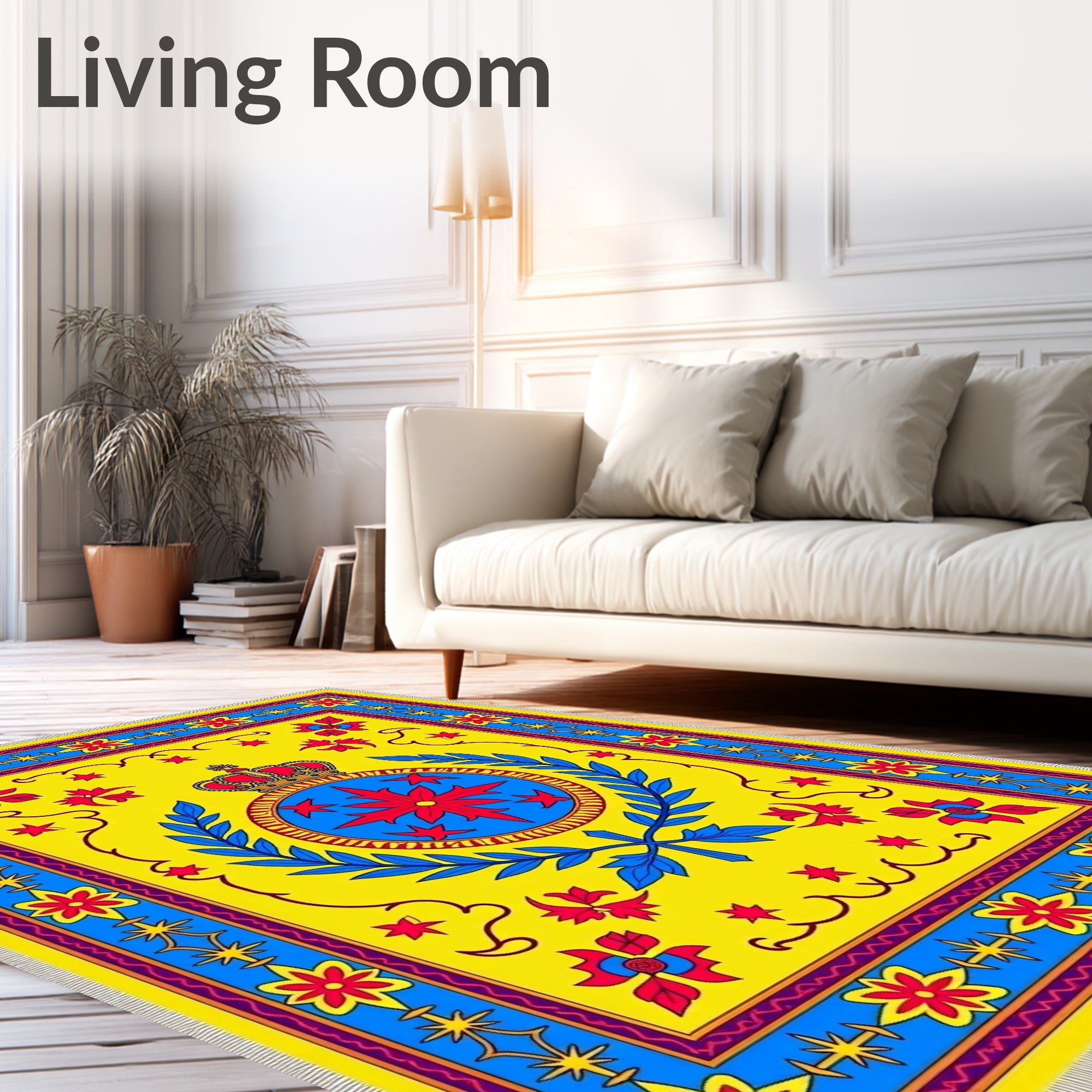 Bold Yellow Red Blue Crown Emblem Rug