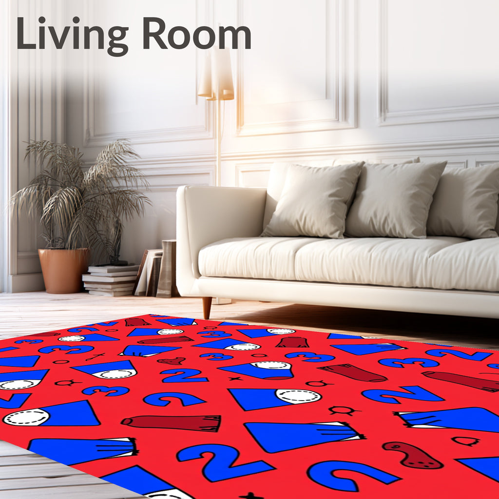 Red Blue Geometric Number Collage Rug