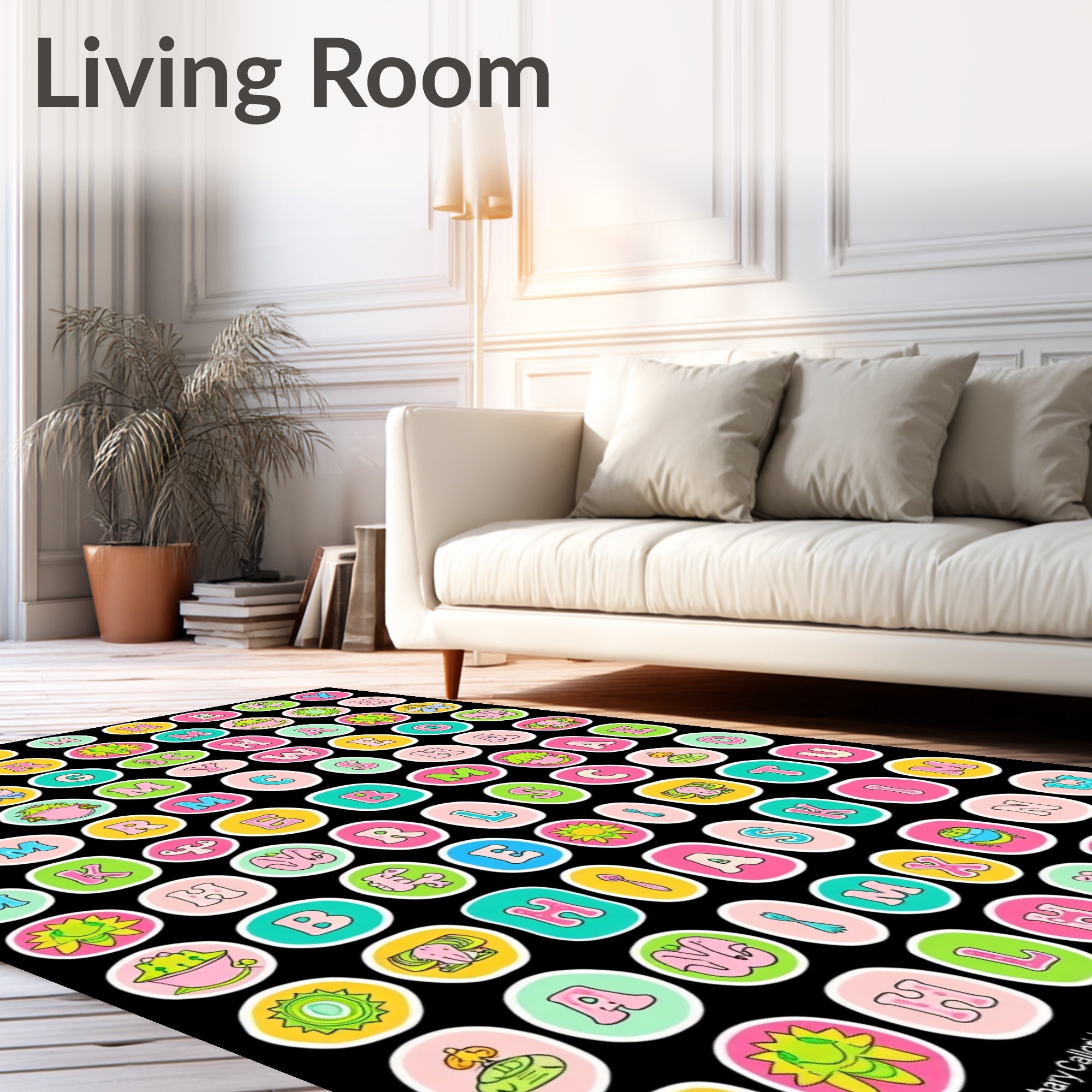 Whimsical Alphabet Medley Cartoon Circles Rug