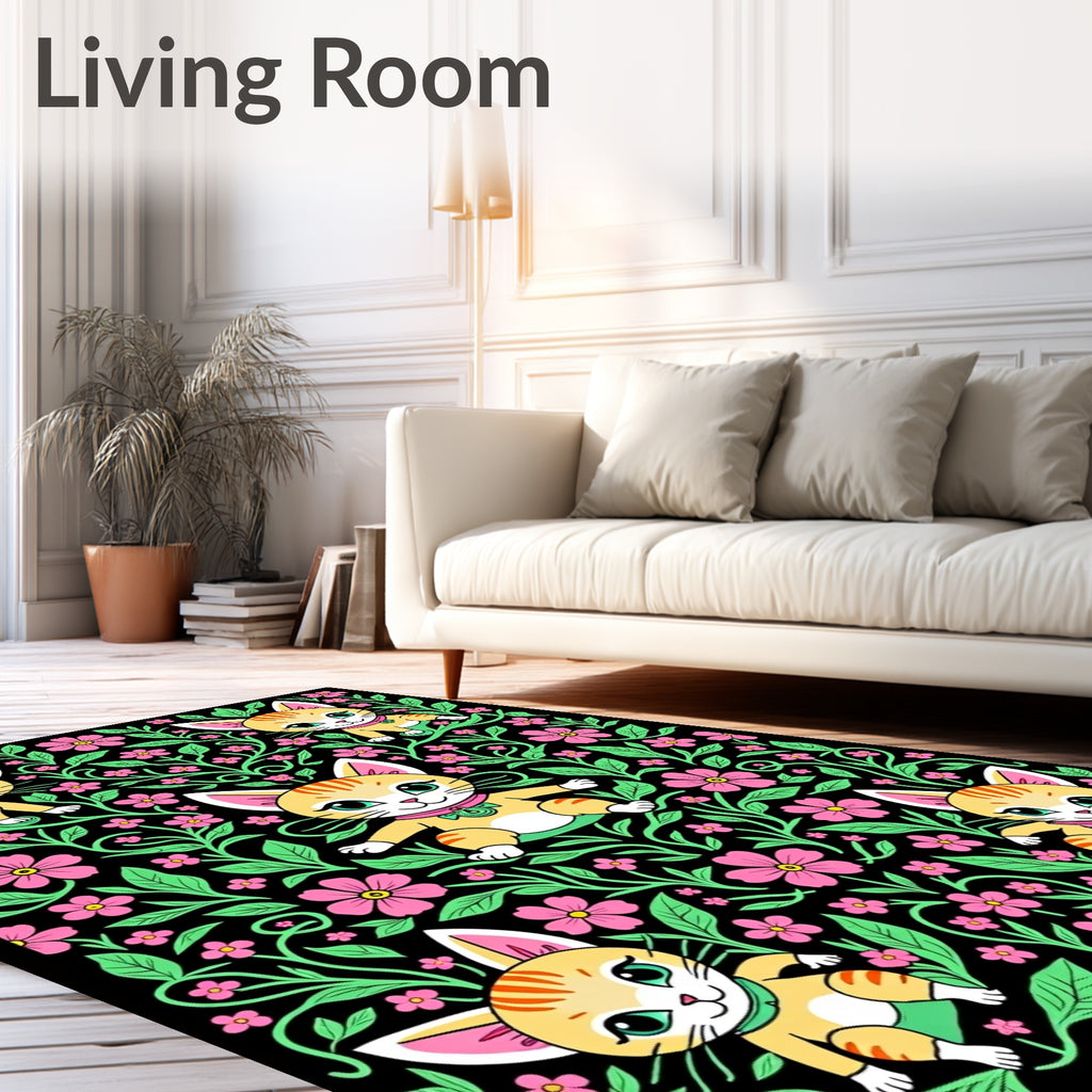 Whimsical Kitty Floral Garden Rug